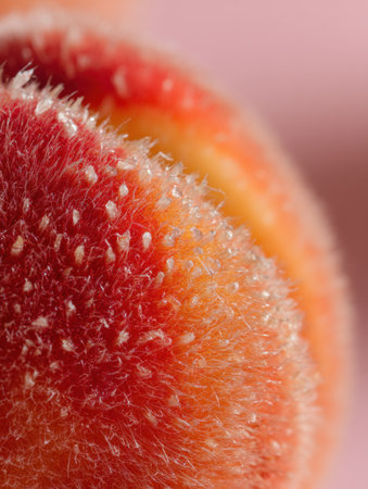 Exquisite close-up of peach fuzz reveals fine hairs and vivid hues, highlighting natures intricate beauty in perfect detail and texture under soft lightの素材
