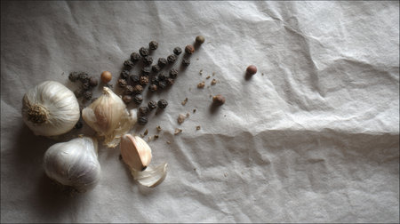 Peppercorns and garlic are carefully arranged over a piece of parchment, creating a minimalist culinary aesthetic that emphasizes the ingredients textures.の素材