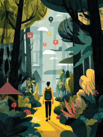 A person strolls along a bright path in a lush forest, with floating fresh air icons enhancing the tranquil atmosphere of the environment.の素材