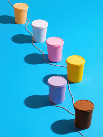 Paper cups of various colors are connected with string across desks, creating a playful metaphor for communication, left open for interaction and creativity.の素材