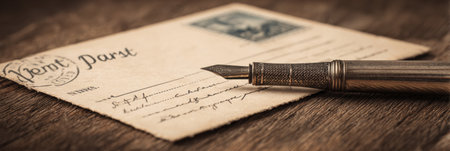 A classic pen hovers above a vintage postcard, ready for personal messages. The postcard features an open area, enhancing the nostalgic feel.の素材