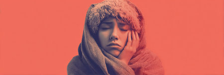 A person appears fatigued while bundled in layers, holding a hot pack against their face in a warm indoor space, seeking comfort during cold weather.の素材