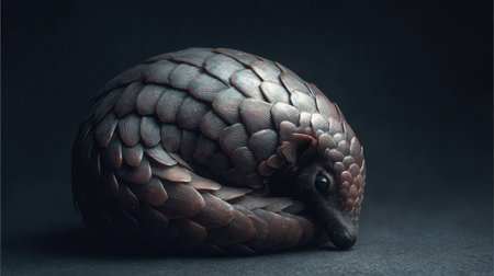 A pangolin wraps itself into a tight ball, showing its unique scales in soft lighting, creating a serene atmosphere perfect for messaging.の素材