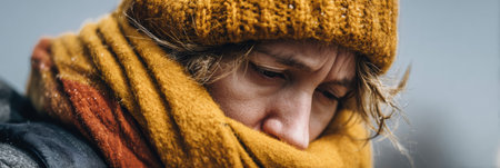 A young individual shows signs of fatigue while wearing a warm hat and scarf, seeking comfort against the chilly weather in an outdoor setting during fall.の素材