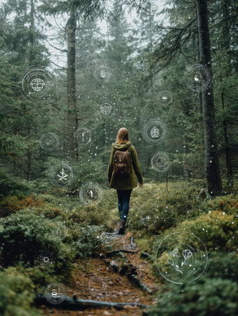 A person strolls through a vibrant forest, surrounded by tall trees and greenery, as fresh air icons gracefully hover in the atmosphere, conveying tranquility.の素材