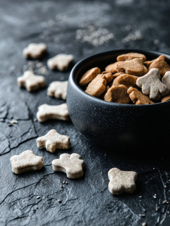 A bold bowl filled with assorted pet treats sits prominently on a neutral monochrome backdrop, inviting playful engagement during snack time.の素材