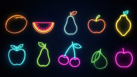 Colorful outlines of fruits including cherries, apples, and pears shine brightly in neon against a dark background, creating a whimsical display of shapes.の素材