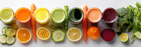 Organic juice ingredients are laid out in a colorful arrangement on a clear surface, showing vibrant fruits and vegetables ready for blending.の素材