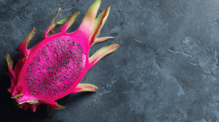 A bright neon pink dragon fruit slice stands out against a charcoal background, highlighting its unique texture and vibrant color.の素材
