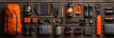 Exploring outdoor camping essentials arranged in an organized flat layout, featuring glowing lanterns and vibrant gear under soft evening light.の素材