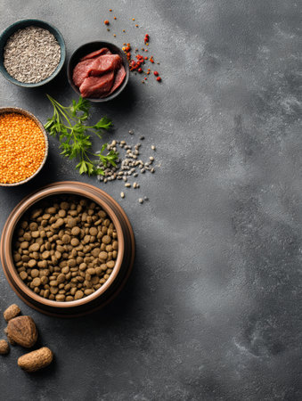 Showcase of a modern branding mockup featuring a pet food label, with various fresh ingredients artistically arranged around a central bowl of kibble.の素材