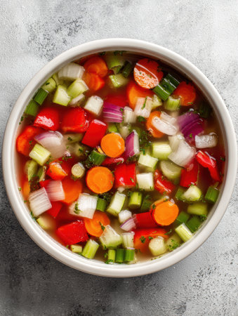 Delicious mixed vegetable soup showing colorful ingredients floating in broth, with the top third clearly unobstructed by any items for an appealing visual.の素材
