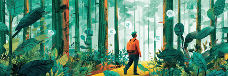 In a vibrant forest, a person walks along a trail with fresh air icons gently floating around, enjoying the serene atmosphere and nature.の素材