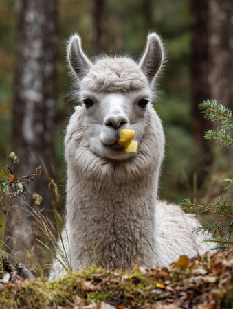Paca is peacefully chewing on a piece of fruit in a dimly lit forest, surrounded by greenery and minimal distractions in the background.の素材