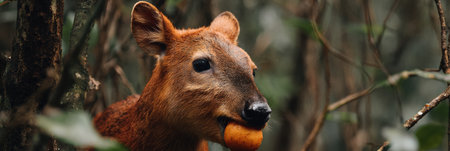 Paca delights in chewing a ripe fruit amidst the dense foliage of a shadowy forest, with minimal background distractions enhancing the atmosphere.の素材