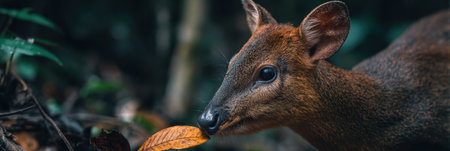 A paca forages in a dimly lit forest, delicately chewing fruit amidst the lush undergrowth, surrounded by shadows and minimal distractions.の素材