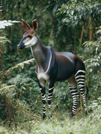 Okapi is calmly positioned within a vibrant rainforest, its zebra-like legs visible amidst dense greenery, highlighting its unique features in nature.の素材