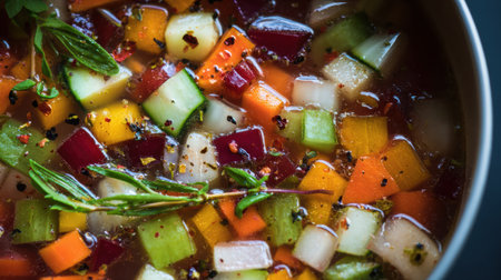 Mixed vegetable soup showcases an array of fresh ingredients floating in a clear broth, preparing to be enjoyed in a vibrant display.の素材