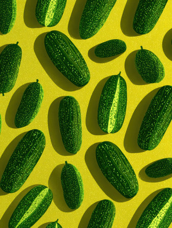 Colorful pattern of cucumbers displayed on a vibrant yellow surface highlights their unique textures and shapes, creating an engaging visual appeal.の素材