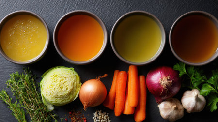 Colorful vegetables and broths are artistically displayed in bowls, ready for making a nutritious mixed vegetable soup at the kitchen counter.の素材