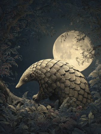 A pangolin wanders through a lush, dark forest illuminated by a bright full moon, creating a magical, mysterious atmosphere.の素材