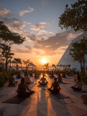 Participants engage in an outdoor yoga session at sunrise, surrounded by nature, embracing tranquility and wellness while enjoying the morning light.の素材