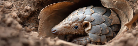 A pangolin nestled under a leaf rests on a soft earthy surface, showing its unique features and camouflaging perfectly with the surroundings.の素材