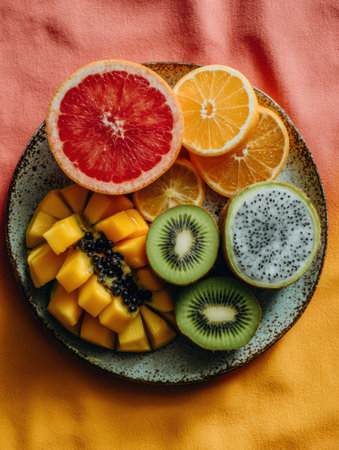 Tropical fruits like kiwi, mango, grapefruit, and pomegranate are artistically arranged on a plate with a vibrant fabric backdrop, ideal for summer.の素材