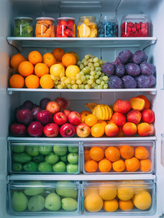 Brightly colored fruits line the shelves of an open refrigerator, providing a vibrant display of grapes, apples, and citrus fruits, ideal for healthy eating.の素材