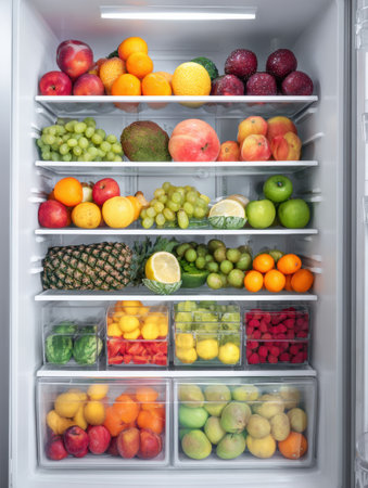 Fridge filled with a variety of colorful fruits, showcasing fresh produce arranged in an organized manner for easy access and healthy living.の素材