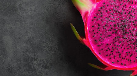 Neon pink dragon fruit slice displays its striking colors and texture against a charcoal background, showcasing the fruits unique appearance and allure.の素材