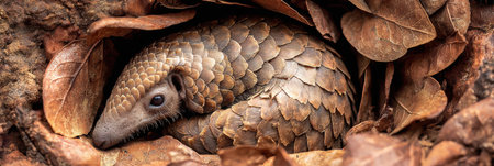 Pangolin curls protectively under dry leaves against a soft earthy backdrop, showing its scaled body and relaxed demeanor in a natural habitat.の素材