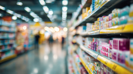 A blurred view of a cold medicine aisle in a pharmacy with various medication boxes displayed, while customers browse in the background.の素材
