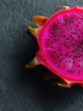 Close-up view of a neon pink dragon fruit slice against a dark charcoal background, showing its striking interior filled with tiny black seeds.の素材