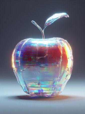 Bright neon apple showcases glitch effects in a cyberpunk aesthetic, creating a futuristic look with an empty upper third ready for customization.の素材