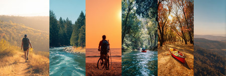 Discover the beauty of nature through hiking trails, biking paths, and serene canoeing experiences under a vibrant sky and lush surroundings.の素材