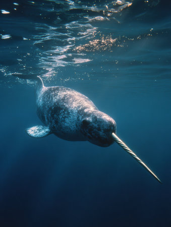A narwhal swims gracefully beneath the surface with its tusk pointed forward, surrounded by a tranquil blue underwater landscape on a sunny day.の素材