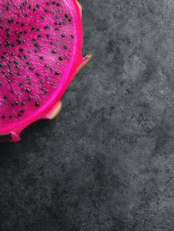 Sliced neon pink dragon fruit reveals a striking interior with black seeds, placed on a dark charcoal background that highlights its vivid color.の素材