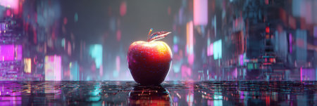 A glowing neon apple sits against a futuristic urban backdrop filled with abstract neon lights and glitch effects, creating an immersive cyberpunk atmosphere.の素材