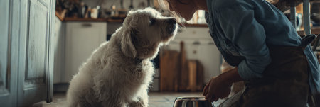 Owner interacts lovingly with their pet dog while preparing food in a cozy kitchen, highlighting the bond between them during a mealtime moment.の素材