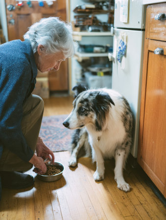 In a warm kitchen setting, an elderly person lovingly feeds their dog from a bowl, creating a bond through shared care and affection near the cabinets.の素材