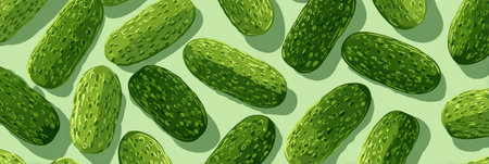 Bright and vibrant cucumbers featured in a flat art style with textured shadows, creating an appealing visual arrangement of vegetables.の素材