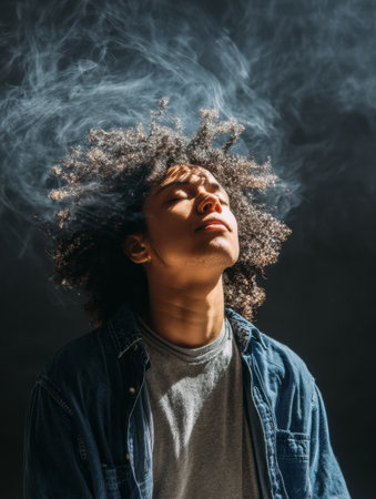 Person meditates peacefully, experiencing flowing air and a sense of clarity in a tranquil environment, enhancing their focus and inner calm.の素材
