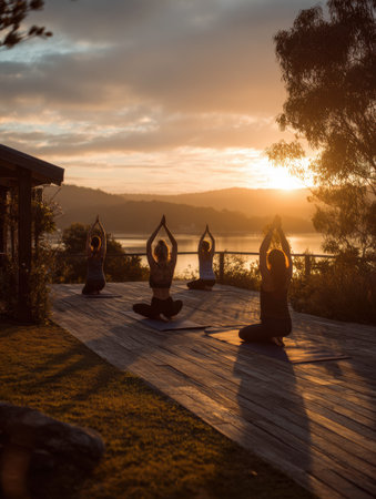 Participants engage in a calming yoga practice outdoors at sunrise, surrounded by nature and the tranquil beauty of the lake in the background.の素材