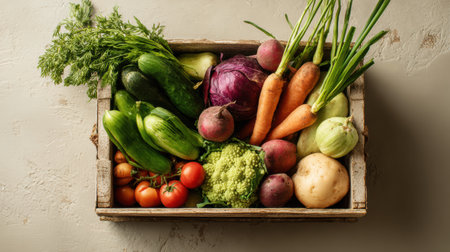A vibrant assortment of organic vegetables displayed in a box, with fresh greens, root vegetables, and colorful produce inviting healthy eating choices.の素材
