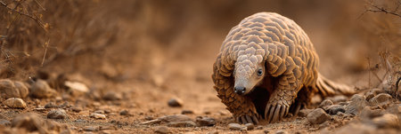Pangolin moves carefully through a dry environment, revealing its distinctive scaled body amid scattered rocks and sparse vegetation in the background.の素材