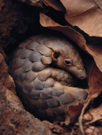 A pangolin is curled up under a large leaf, nestled in the soft earthy ground, showing its unique scales and natural camouflage in a serene setting.の素材