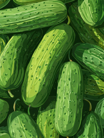 A vibrant art collection showcases fresh cucumbers, emphasizing their textures, shadows, and green color in a natural arrangement.の素材