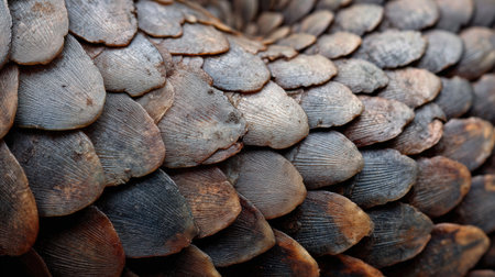 Close-up of pangolin scales reveals stunning detail and texture, highlighting the natural beauty and unique design of this endangered species.の素材