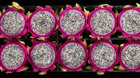 Overhead shot of sliced dragon fruit, finely arranged in a grid pattern displaying the intense pink skin and speckled white flesh, creating a striking visual.の素材